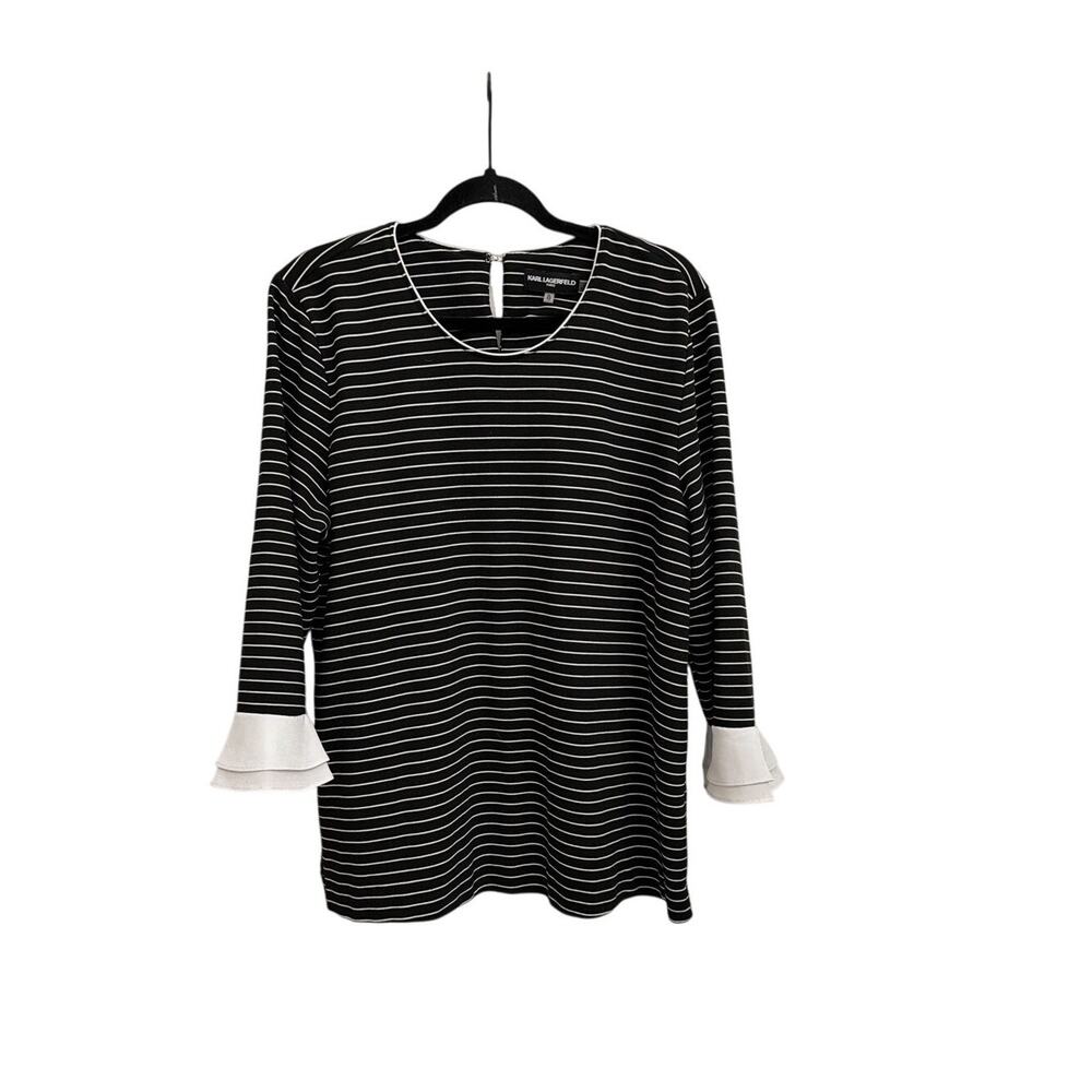 Karl Lagerfeld Striped Bell Sleeve Oversized Blouse Black White Size XL